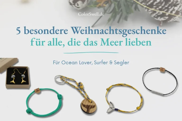 Fünf Schmuckstücke von ColorSwell – Fluke-Ohrringe, Armbänder aus recyceltem Fischernetz und Holz-Schlüsselanhänger – als Weihnachtsgeschenke für Meerliebhaber